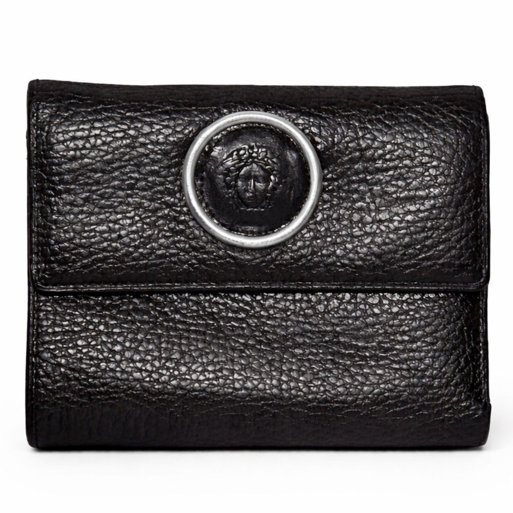 Vintage Gianni Versace Medusa Black Pebbled Leather Trifold Billfold Wallet